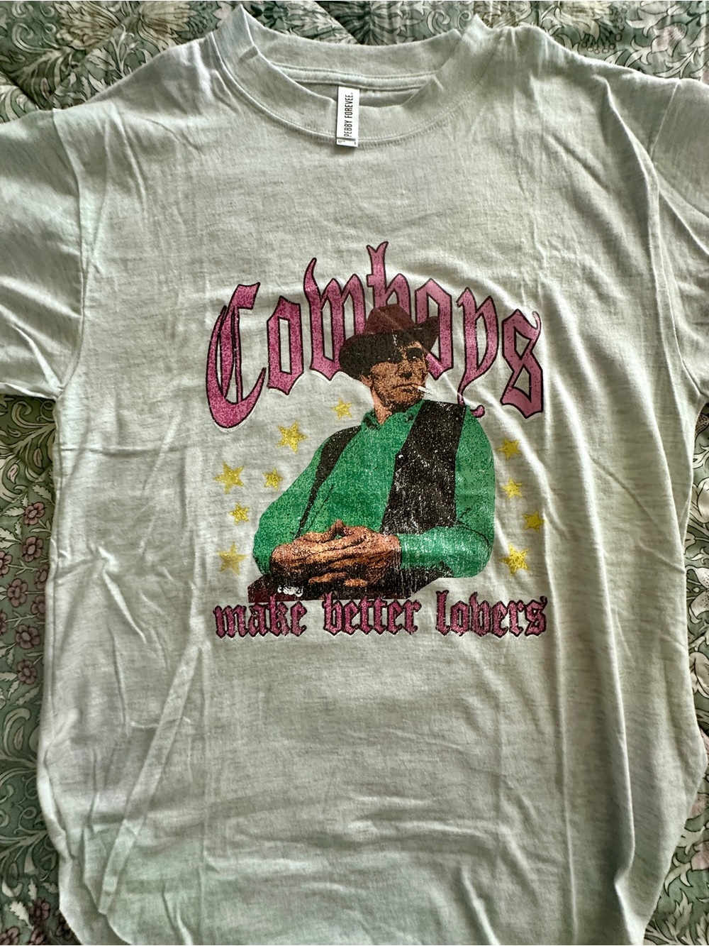 Women's Ash Gray Graphic Side Slit Short Sleeve Tee - 'Cowboys' Print